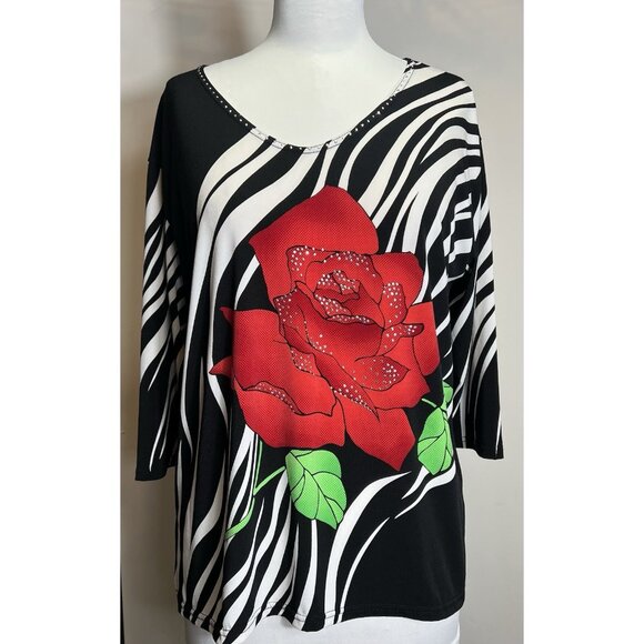 Valencia Rose Blouse 3/4 Sleeve  Women’s Size XL Bling pullover - Picture 1 of 9